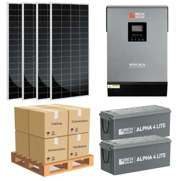 Complete Off-Grid Solar Kit - 3,000W 120V/24VDC [5.12-7.68kWh Battery Bank] + 4 x 200W 24V Solar Panels | Off-Grid, Mobile, Backup [RPK-PLUS]